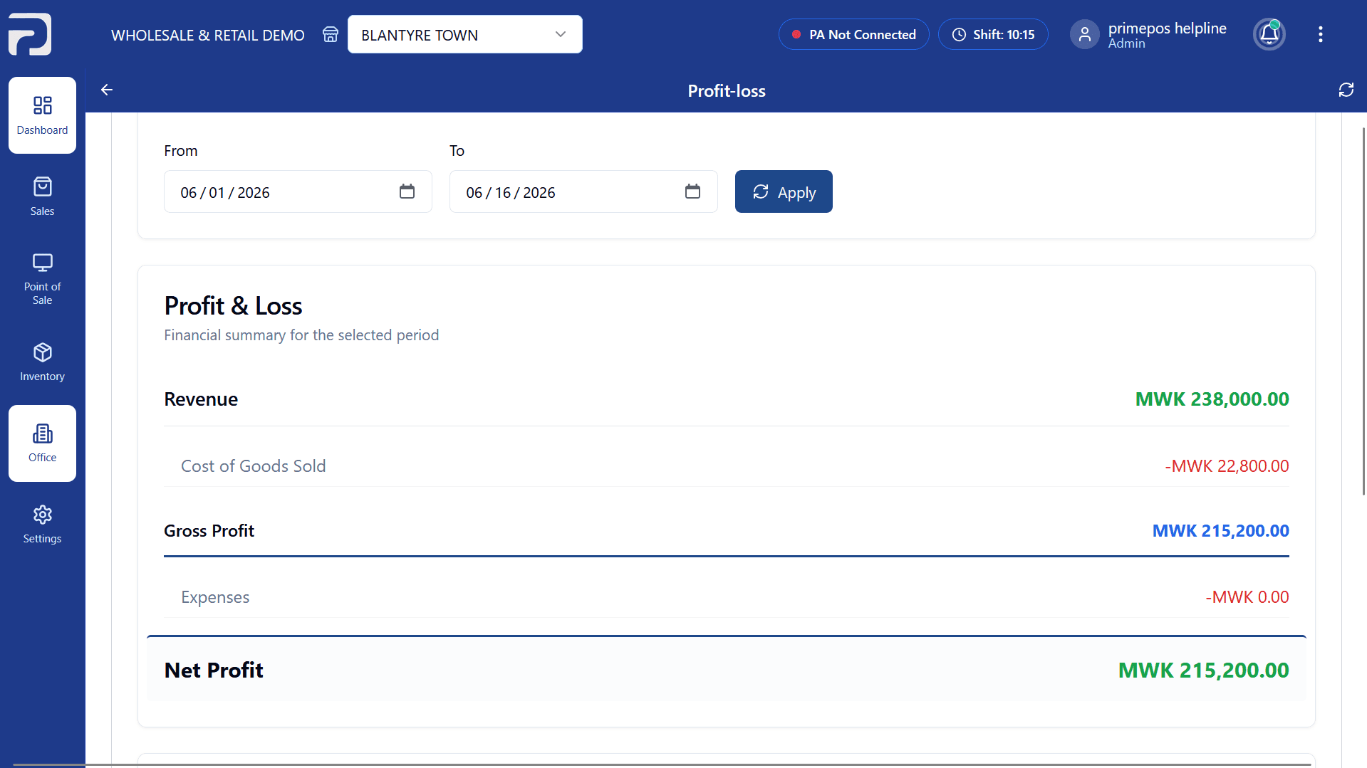 Profit & Loss Reporting screenshot