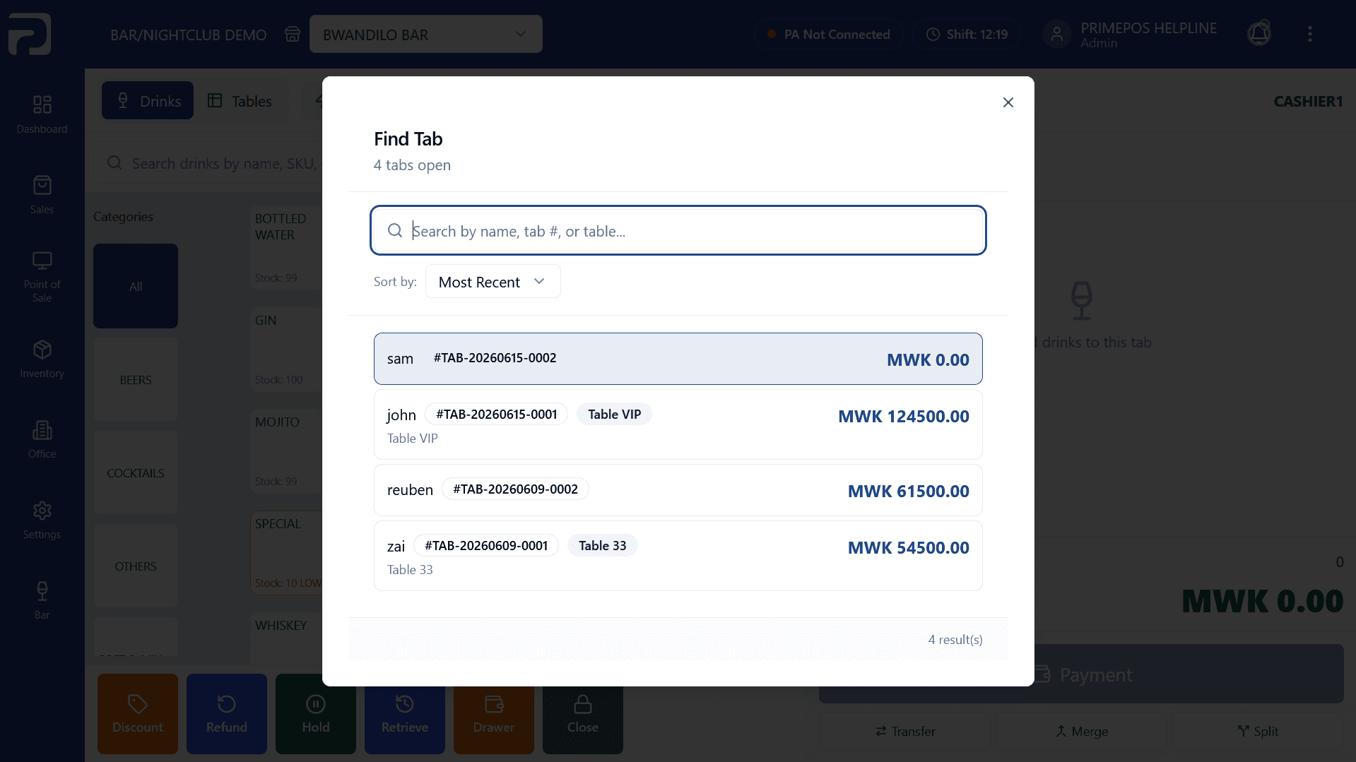 Tab management for bars screenshot
