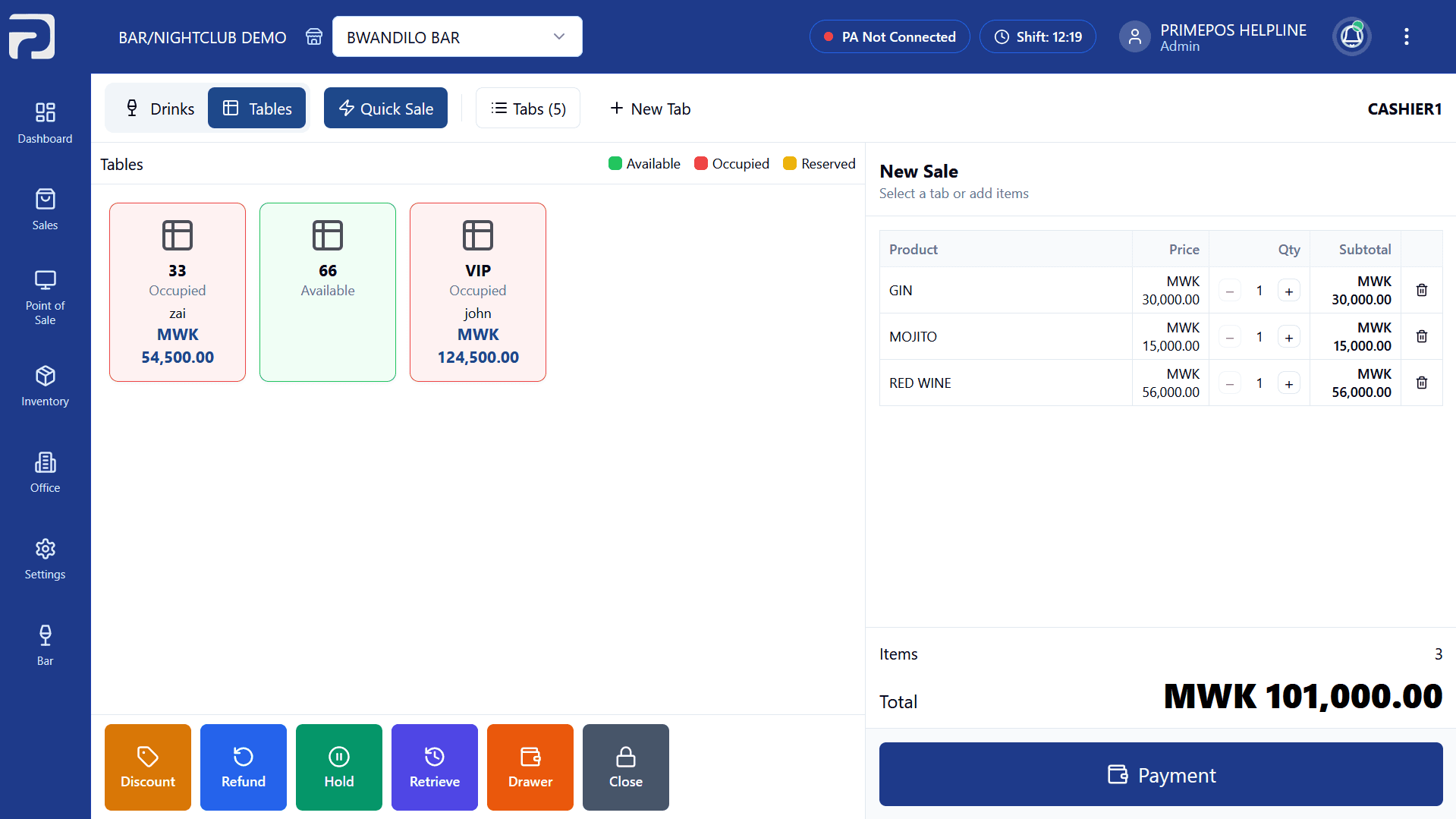 Table management screenshot